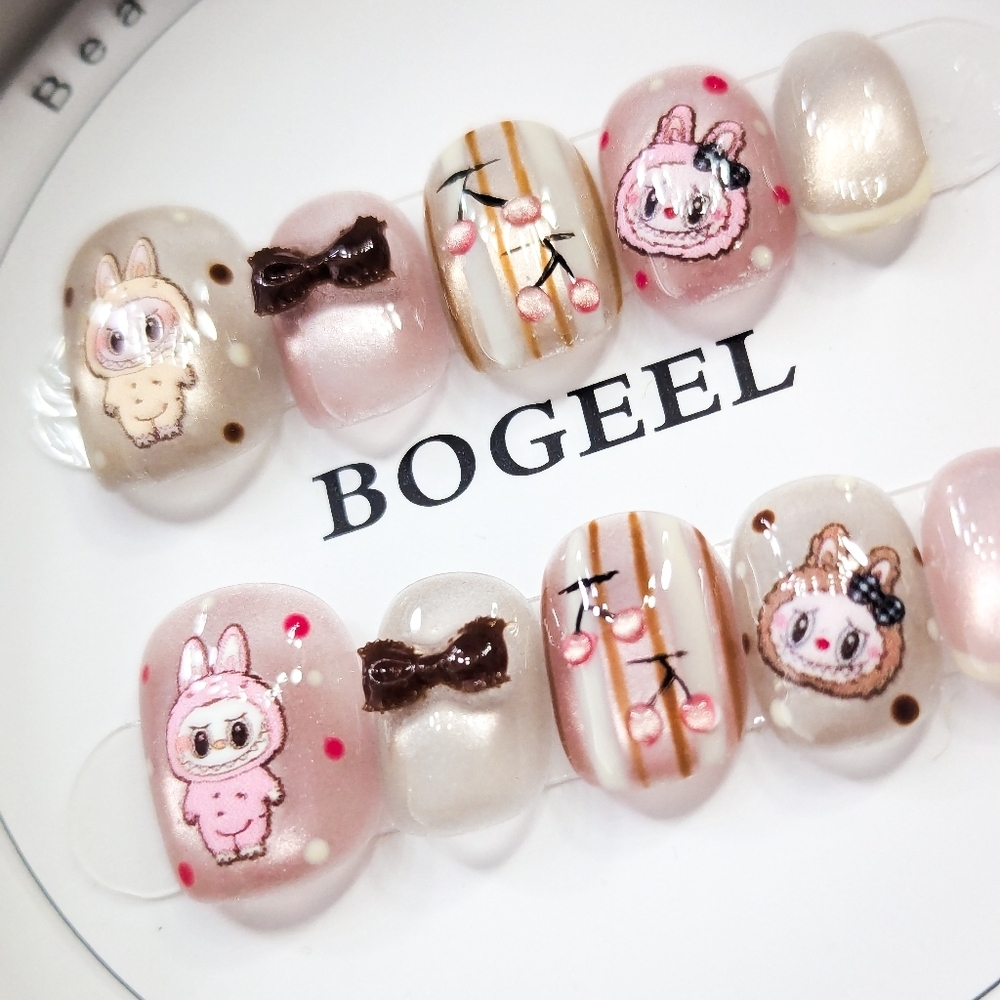 Labubu The Monsters Press On Nails Kawaii Pink & Brown 3D Bow NailArt Size Small - Picture 4 of 10